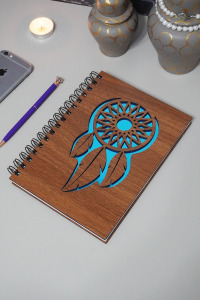 Rüya Kapanı Desenli Ahşap Defter - A5 Notebook - Günlük - Çizgisiz- Anı Defteri