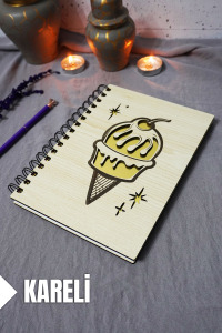 Dondurma Desenli Ahşap Kapaklı Defter - Kareli Defter - Ajanda - Okul Defteri (A5 - 120 Sayfa)