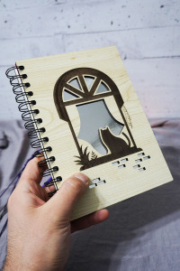 Kedi Desenli Ahşap Kapaklı Defter - Çizgisiz Defter - Günlük - Ajanda-hediyelik-a5 Anı Defteri