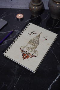 Galata Kulesi Konsept Ahşap Defter - Ajanda - Günlük - Çizgisiz Defter-a5 Notebook-hatıra Defteri