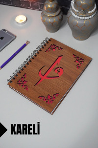 Elif Vav Desenli Ahşap Kapaklı Defter - Kareli Defter - Ajanda - Okul Defteri (A5 - 120 Sayfa)