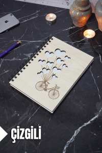 Bisiklet Balon Temalı Ahşap Kapaklı Defter - Çizgili Defter - Ajanda - Okul Defteri (A5 - 120 Sayfa)