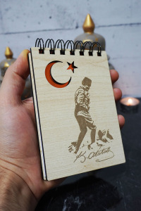 Kemal Atatürk Temalı Ahşap Kapaklı Not Defteri - Mini Defter - Cep Defteri - Benim Listem