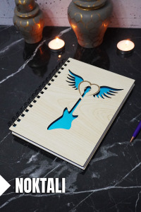 Gitar Kanat Temalı Ahşap Kapaklı Defter - Noktalı Defter - Ajanda - Okul Defteri (A5 - 120 Sayfa)