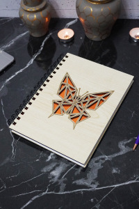 Kelebek Figürlü Ahşap Kapaklı Defter - Çizgisiz Defter - Günlük - Ajanda- A5 Anı Defteri