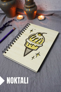 Dondurma Desenli Ahşap Kapaklı Defter - Noktalı Defter - Ajanda - Okul Defteri (A5 - 120 Sayfa)