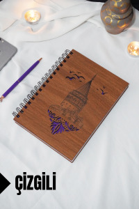 Galata Kulesi Temalı Ahşap Kapaklı Defter - Çizgili Defter - Ajanda - Okul Defteri (A5 - 120 Sayfa)
