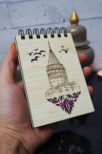 Galata Kulesi Temalı Ahşap Kapaklı Not Defteri - Mini Defter - Cep Defteri - Benim Listem