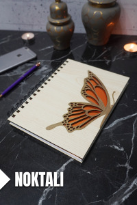 Kelebek Temalı Ahşap Kapaklı Defter - Noktalı Defter - Ajanda - Okul Defteri (A5 - 120 Sayfa)