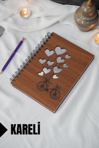 Bisiklet Balon Temalı Ahşap Kapaklı Defter - Kareli Defter - Ajanda - Okul Defteri (A5 - 120 Sayfa)