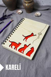 Kedi Desenli Ahşap Kapaklı Defter - Kareli Defter - Ajanda - Okul Defteri (A5 - 120 Sayfa)