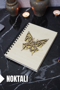 Kelebek Temalı Ahşap Kapaklı Defter - Noktalı Defter - Ajanda - Okul Defteri (A5 - 120 Sayfa)