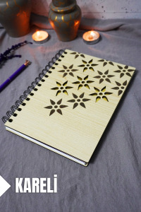 Çiçek Desenli Ahşap Kapaklı Defter - Kareli Defter - Ajanda - Okul Defteri (A5 - 120 Sayfa)