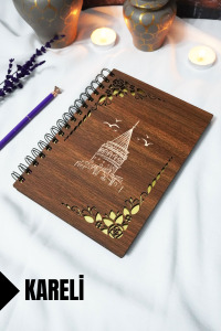 Galata Kulesi Ahşap Kapaklı Spiralli Defter - Kareli Defter - 60 Yaprak (120 SAYFA) - A5 15x21 Cm