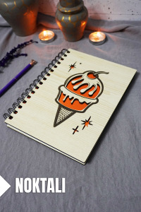 Dondurma Desenli Ahşap Kapaklı Defter - Noktalı Defter - Ajanda - Okul Defteri (A5 - 120 Sayfa)