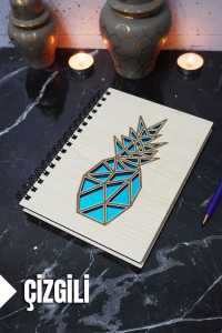 Ananas Temalı Ahşap Kapaklı Defter - Çizgili Defter - Ajanda - Okul Defteri (A5 - 120 Sayfa)