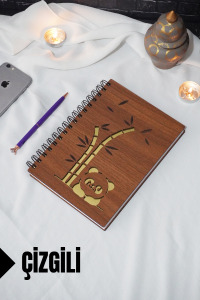 Panda Temalı Ahşap Kapaklı Defter - Çizgili Defter - Ajanda - Okul Defteri (A5 - 120 Sayfa)