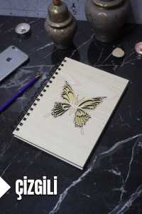 Kelebek Temalı Ahşap Kapaklı Defter - Çizgili Defter - Ajanda - Okul Defteri (A5 - 120 Sayfa)