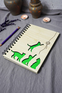 Kedi Desenli Ahşap Kapaklı Defter - Çizgisiz Defter - Günlük - Ajanda-hediyelik-a5 Anı Defteri