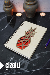 Ananas Temalı Ahşap Kapaklı Defter - Çizgili Defter - Ajanda - Okul Defteri (A5 - 120 Sayfa)
