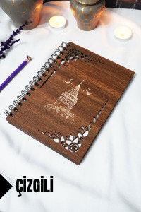 Galata Kulesi Ahşap Kapaklı Defter - Çizgili Defter - 60 yaprak (120 sayfa) - A5 15x21 cm