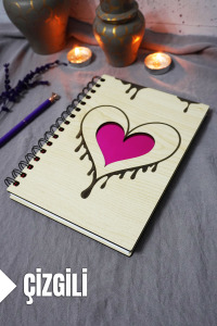 Kalp Desenli Ahşap Kapaklı Defter - Çizgili Defter - Ajanda - Okul Defteri (A5 - 120 Sayfa)