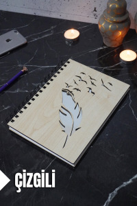 Kuş Tüy Temalı Ahşap Kapaklı Defter - Çizgili Defter - Ajanda - Okul Defteri (A5 - 120 Sayfa)