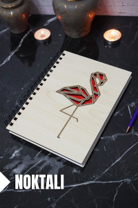 Flamingo Temalı Ahşap Kapaklı Defter - Noktalı Defter - Ajanda - Okul Defteri (A5 - 120 Sayfa)