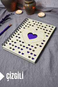 Kalp Desenli Ahşap Kapaklı Defter - Çizgili Defter - Ajanda - Okul Defteri (A5 - 120 Sayfa)