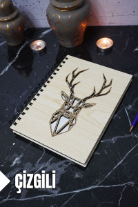 Geyik Figürlü Ahşap Kapaklı Defter - Çizgili Defter - Ajanda - Okul Defteri (A5 - 120 Sayfa)