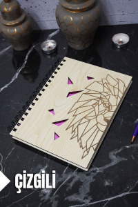 Aslan Temalı Ahşap Kapaklı Defter - Çizgili Defter - Ajanda - Okul Defteri (A5 - 120 Sayfa)