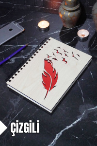 Kuş Tüy Temalı Ahşap Kapaklı Defter - Çizgili Defter - Ajanda - Okul Defteri (A5 - 120 Sayfa)