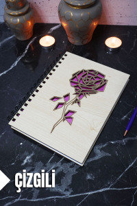 Gül Temalı Ahşap Kapaklı Defter - Çizgili Defter - Ajanda - Okul Defteri (A5 - 120 Sayfa)