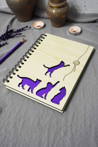 Kedi Desenli Ahşap Kapaklı Defter - Çizgisiz Defter - Günlük - Ajanda-hediyelik-a5 Anı Defteri