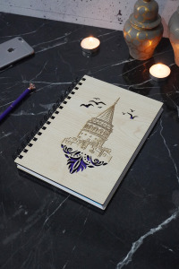 Galata Kulesi Desen Ahşap Defter - Ajanda - Günlük - Çizgisiz Defter - A5 Notebook - Anı Defteri