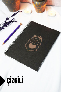 A5 Kedi Temalı Siyah Kraft Kapaklı Defter - Çizgili Defter - 60 yaprak (120 sayfa) 15x21 cm
