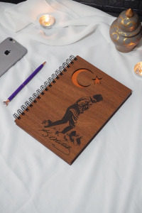 Mustafa Kemal Atatürk Ahşap Kapaklı Okul Defteri- Günlük - Çizgisiz Defter-a5 Notebook-anı Defteri