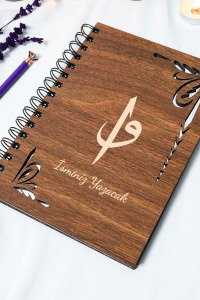 Kişiye Özel Elif Vav Desenli Ahşap Kapaklı Defter - Ajanda - İsme Özel - A5 60 Yaprak (120 SAYFA) Hediyelik
