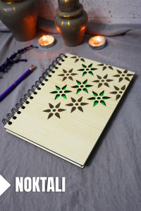 Çiçek Desenli Ahşap Kapaklı Defter - Noktalı Defter - Ajanda - Okul Defteri (A5 - 120 Sayfa)