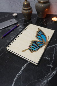 Kelebek Desenli Ahşap Kapaklı Defter - Ajanda - Günlük - Çizgisiz Defter - A5 (120 SAYFA) Hediyelik
