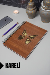 Kelebek Temalı Ahşap Kapaklı Defter - Kareli Defter - Ajanda - Okul Defteri (A5 - 120 Sayfa)