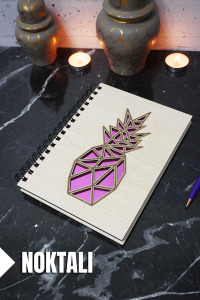 Ananas Temalı Ahşap Kapaklı Defter - Noktalı Defter - Ajanda - Okul Defteri (A5 - 120 Sayfa)