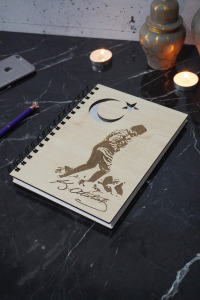 Mustafa Kemal Atatürk Desenli Ahşap Defter Günlük-çizgisiz Defter-120 Sayfa-okul Defteri