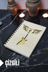 Gitar Kanat Temalı Ahşap Kapaklı Defter - Çizgili Defter - Ajanda - Okul Defteri (A5 - 120 Sayfa)