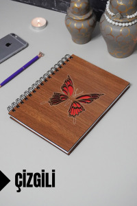 Kelebek Temalı Ahşap Kapaklı Defter - Çizgili Defter - Ajanda - Okul Defteri (A5 - 120 Sayfa)