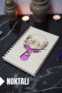 Geyik Temalı Ahşap Kapaklı Defter - Noktalı Defter - Ajanda - Okul Defteri (A5 - 120 Sayfa)