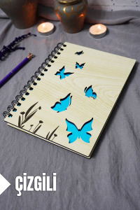 Kelebek Desenli Ahşap Kapaklı Defter - Çizgili Defter - Ajanda - Okul Defteri (A5 - 120 Sayfa)