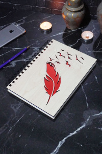 Kuş Tüy Desenli Ahşap Defter - Ajanda - Günlük - Çizgisiz Defter-anı Defteri-hediyelik A5 Notebook