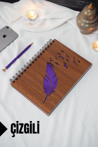 Kuş Tüy Temalı Ahşap Kapaklı Defter - Çizgili Defter - Ajanda - Okul Defteri (A5 - 120 Sayfa)
