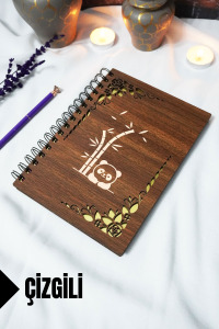 Panda Ahşap Kapaklı Spiralli Okul Defteri - Çizgili Defter - 60 yaprak (120 sayfa) - A5 15x21 cm